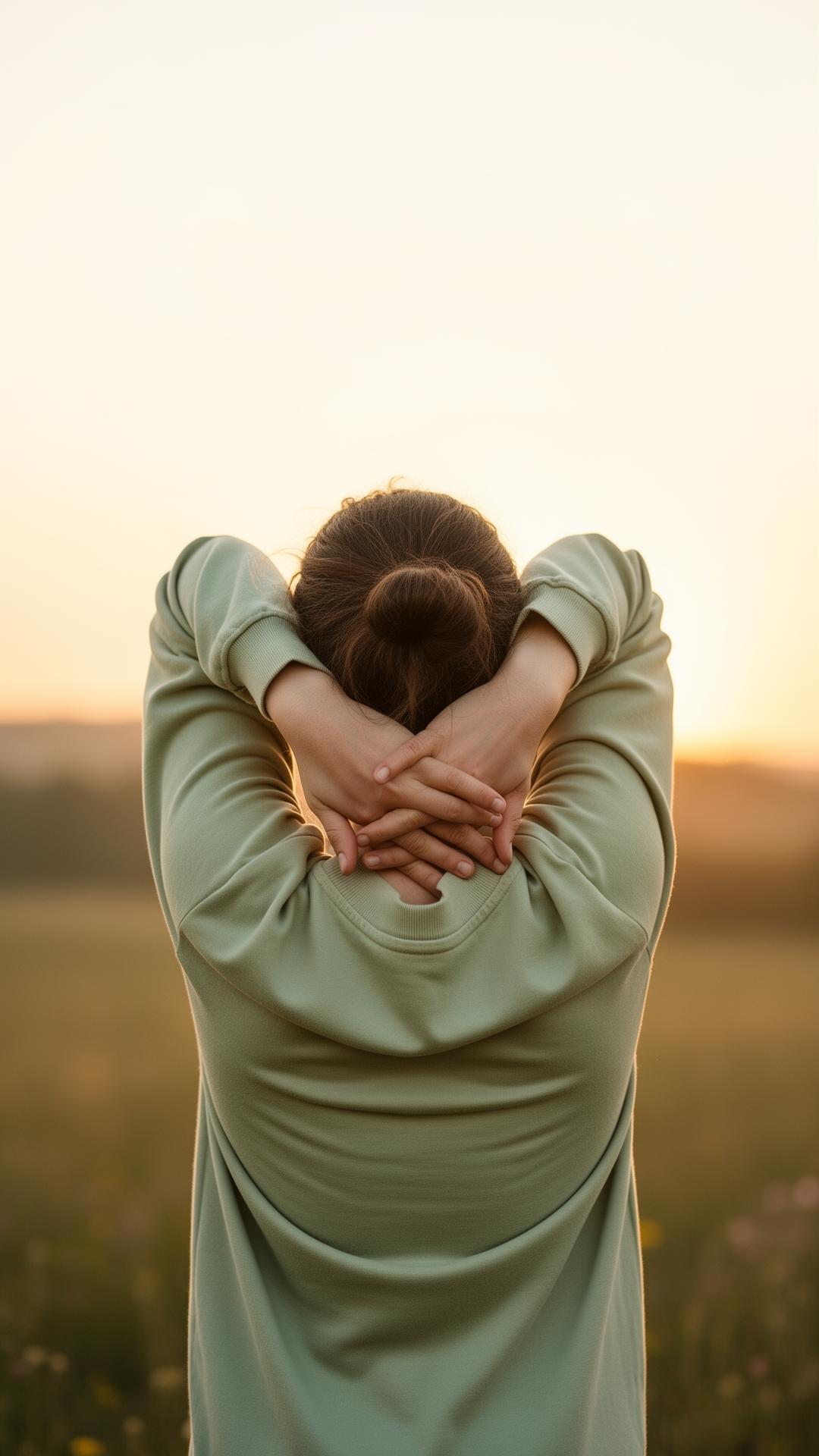 A person stretching their back outdoors at golden hour
